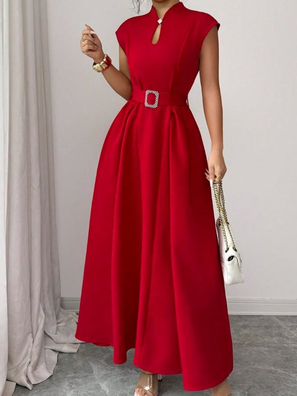Red Elegant Women's Party Midi Dress with Waist Tie Belt, Flared Hem - Picture 5 of 6